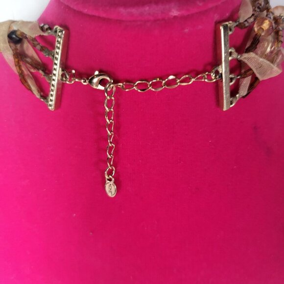 Multi-Strand Boho Layering Monet Amber & Black Tones Beads & Ribbon Necklace - Picture 4 of 5